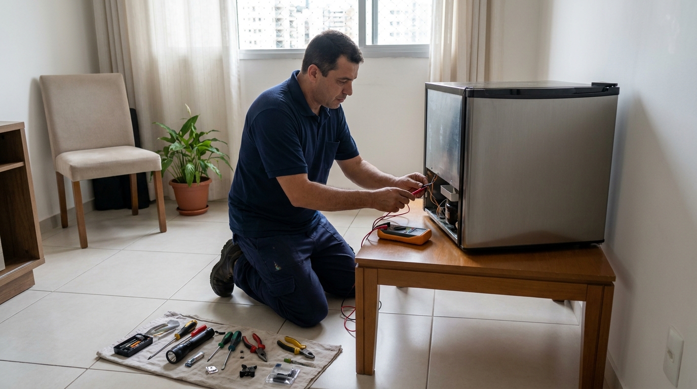 Técnico realizando manutenção de motor de frigobar em Suzano‑SP
